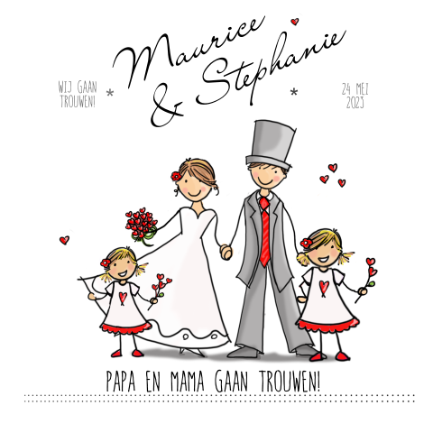 Papa en mama trouwen trouwkaart met meisjes