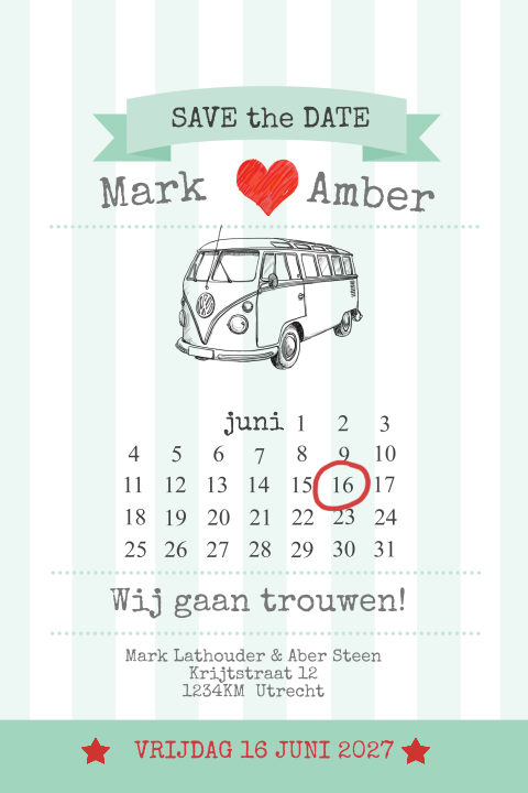 Save the date kaart met banner en vw busje