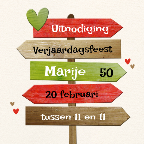 Uitnodiging 50e verjaardagsfeest vrolijke wegwijzer met hartje