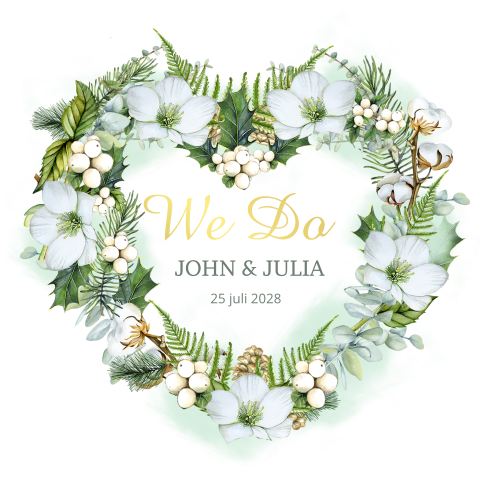 Trouwkaart met hart van witte bloemen