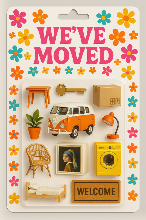 Hippe retro verhuiskaart action pack