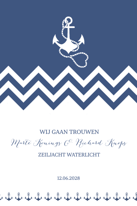 Blauwe trouwkaart thema zee strand op boot of zeiljacht en anker
