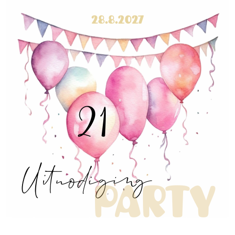 Uitnodiging voor een 21e verjaardag met ballonnen en slingers