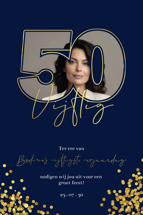Hippe uitnodiging voor een 50e verjaardag blauw met goud en foto