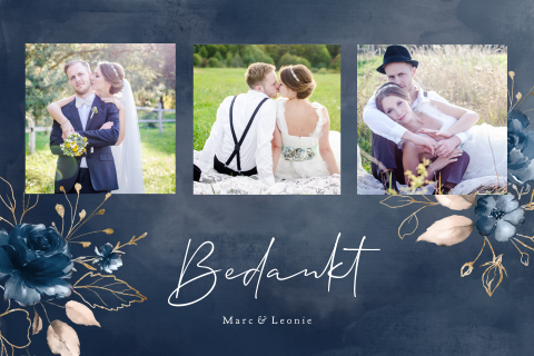 Bedankkaart trouwen fotocollage blue dusty navy