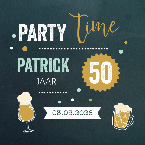 Uitnodiging 50ste verjaardag man met bier en confetti foto binnenkant