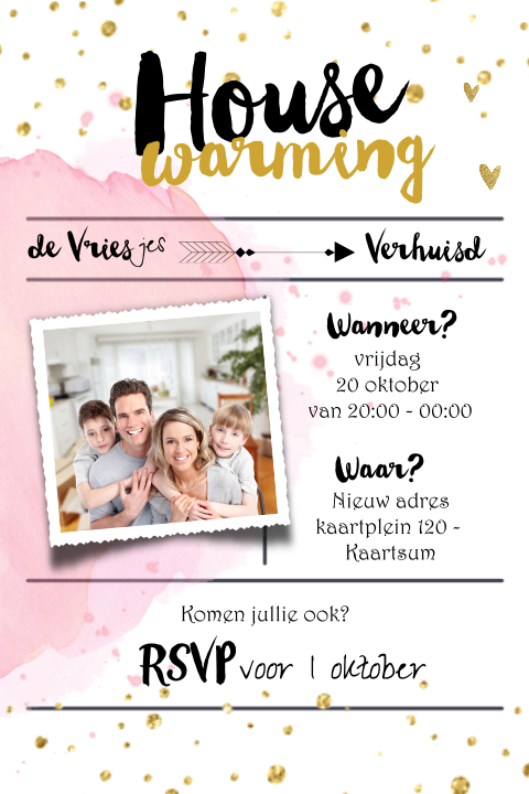 Uitnodiging housewarming goud glitters en roze aquarel