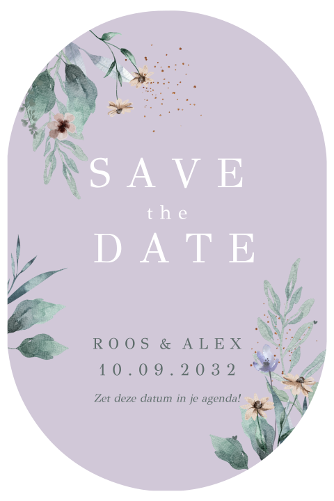 Save the Date Lila in bijzondere vorm met bloemen