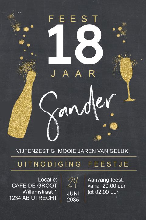 Hippe uitnodiging 18e verjaardag met glitterlook fles en glas
