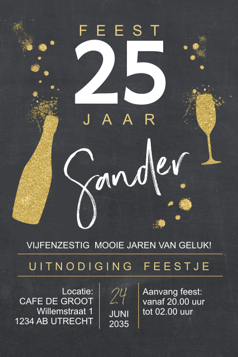 Hippe uitnodiging 25e verjaardag met glitterlook fles en glas