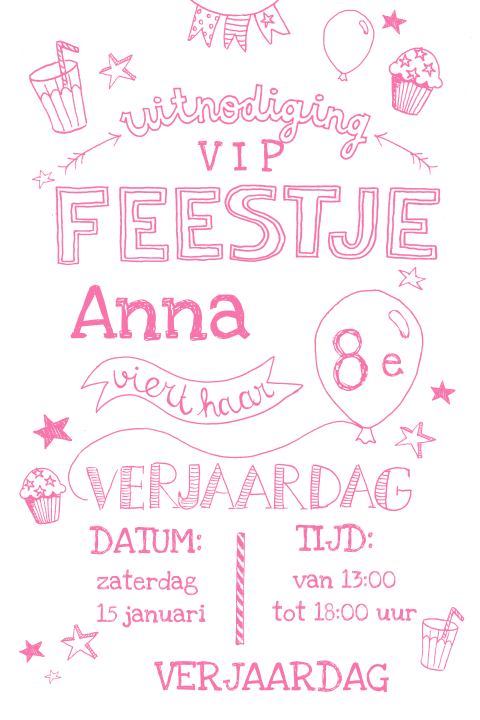 Kinderfeestje uitnodiging handlettering roze 8 jaar