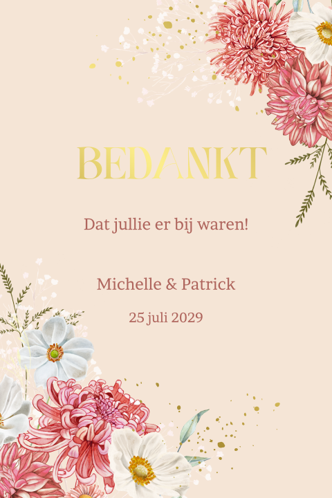Bedankkaart trouwen met roze dalhia bloemen