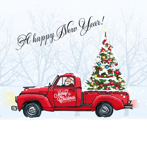 Getekende kerstkaart van amerikaanse buck pick up met kerstman