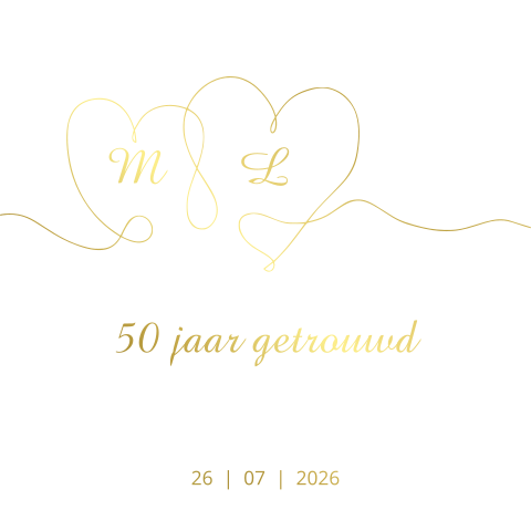 Uitnodiging 50 jaar getrouwd goudfolie met 2 harten in goudfolie