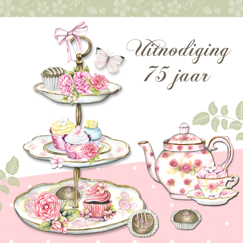 Uitnodiging 75ste verjaardag high tea feest vrouwen