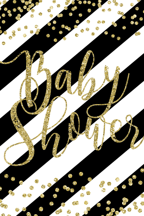 Uitnodiging babyshower met gouden confetti en glitters in zwart wit