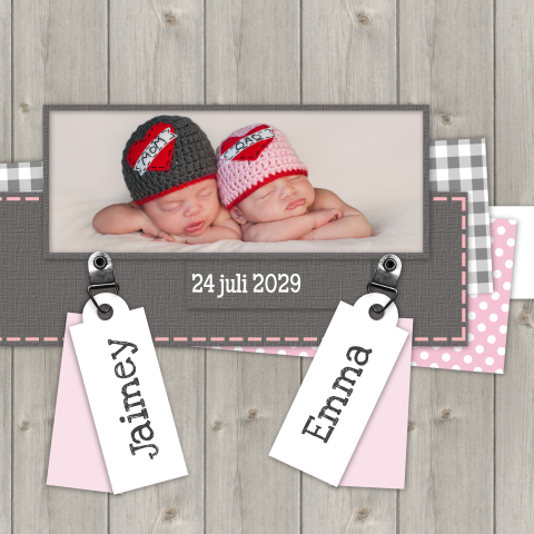 Geboortekaart tweeling meisjes met roze en hout