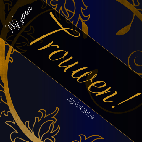 Trouwkaart donker blauw met goud kleurig versiering