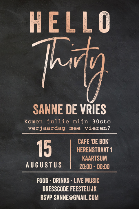 Foliedruk uitnodiging 30ste verjaardag krijtbord