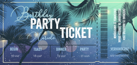 Verjaardag uitnodiging ticket festival style palmbomen