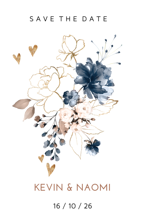 Save the date kaart met bloemen blauw pastel en goud