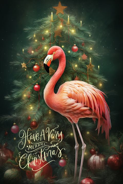 Vrolijke kerstkaart met een kerstboom en flamingo