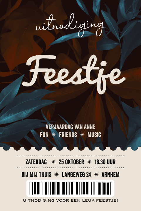 Uitnodiging feestje ticketstijl met botanical