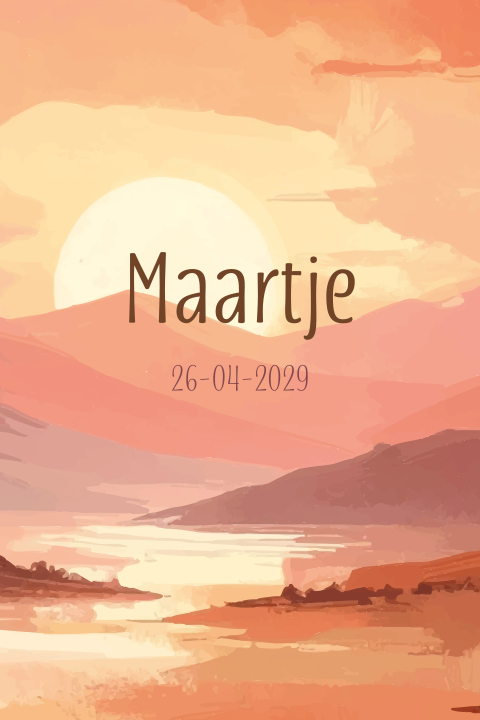 Geboortekaartje meisje modern met zonsondergang en bergen