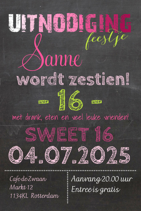 Hippe uitnodiging sweet 16 in krijtbord met leuke kleuren