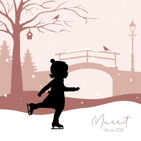 Geboortekaartje winter met silhouet schaatsend meisje