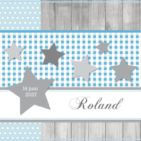 Vrolijke geboortekaartje jongen met sterren ruitjes stipjes