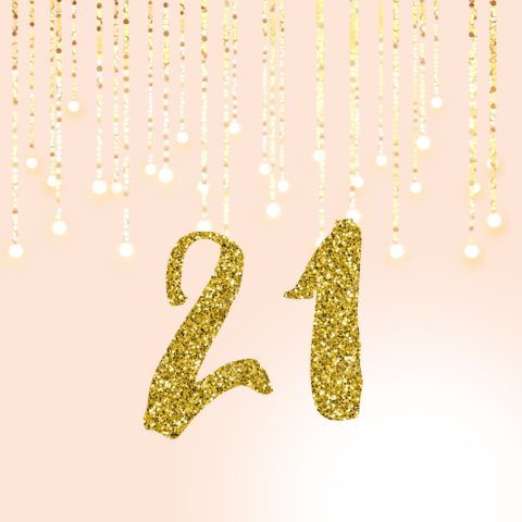 21 uitnodiging in roze wit en goud met feestelijke slingers