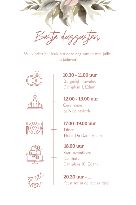 Dagprogramma kaart huwelijk met waterverf bloemen