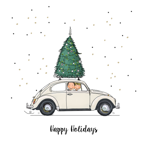 Kerstkaart witte volkswagen kever met kerstboom op het dak