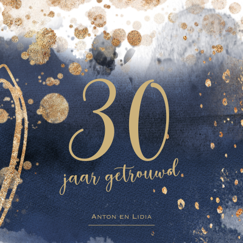 Watercolor uitnodiging 30e jubileum blauw met goud look kleur