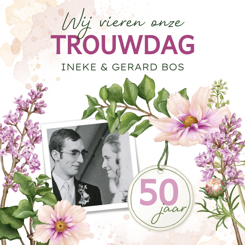 Jubileum uitnodiging 50 jaar getrouwd met foto's en orchidee