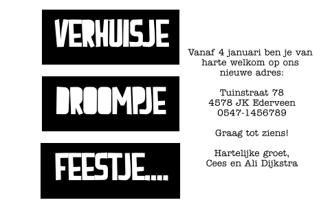 Moderne verhuis kaart zwart wit met typografie 