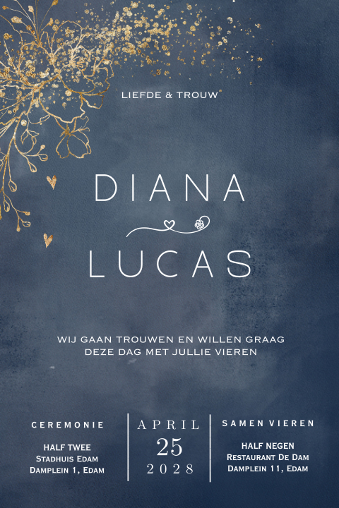 Prachtige trouwkaart blauw met goudkleurige bloemen