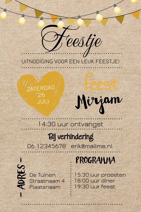 Uitnodiging voor een feestje op karton met lichtslinger