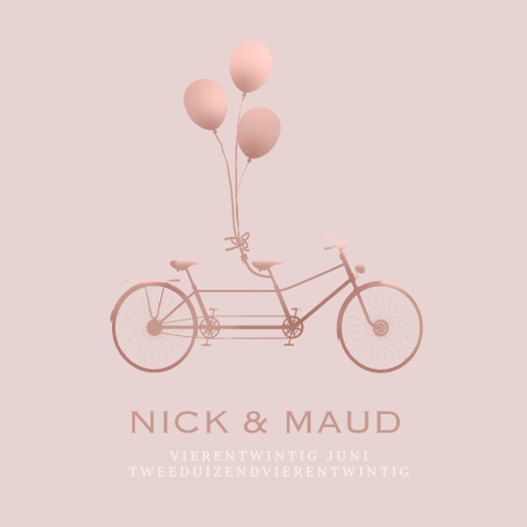 Huwelijkskaart met bruidspaar op fiets tandem in silhouet roze