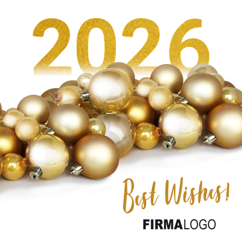 Zakelijke kerstkaart met gouden kerstballen en ruimte voor logo