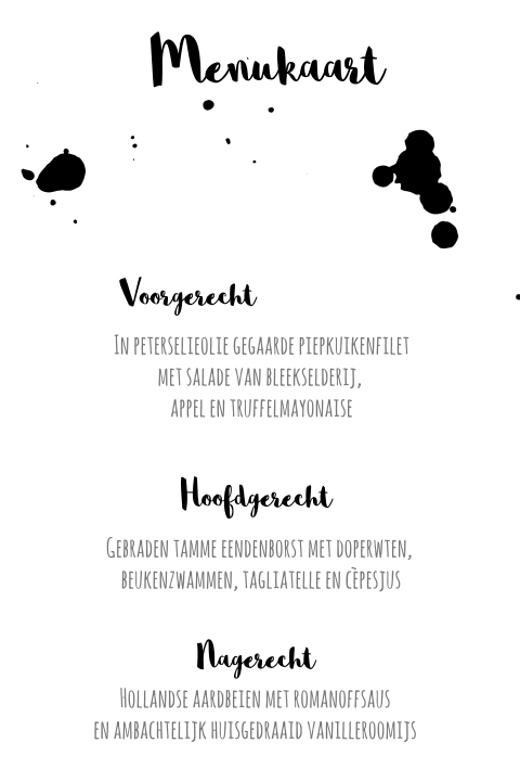 Trendy menukaart met zwart wit verfvlekken patroon