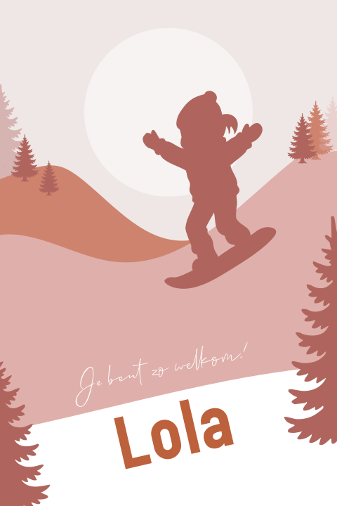 Geboortekaartje winter met silhouet van een meisje op snowboard