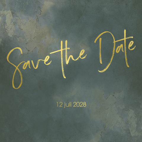 Hippe save the date met goudfolie en groene achtergrond kleur