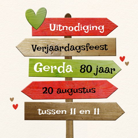 Uitnodiging 80 jaar verjaardag vrolijke wegwijzer met hartje