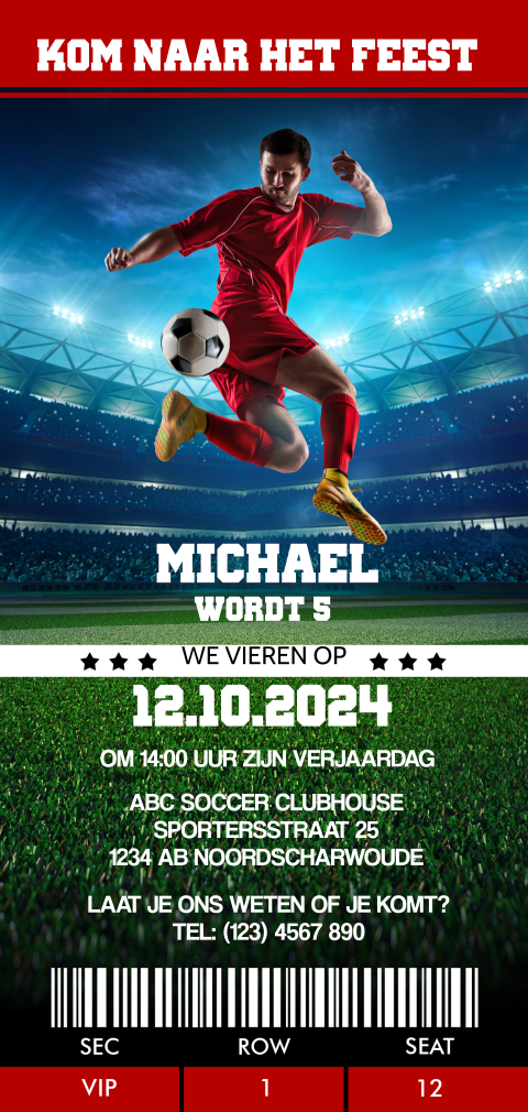 Stoere voetbal verjaardag uitnodiging kinderfeestje ticket thema