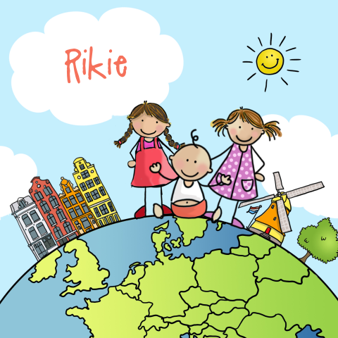 Geboortekaartje 3e kind meisje op wereldbol met zusjes