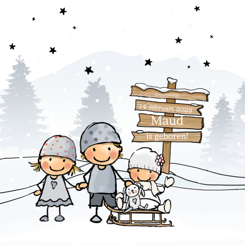 Getekende geboortekaart meisje 3de kindje winter