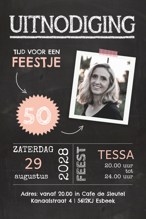 Uitnodiging 50 jaar verjaardag vrouw met pasfoto