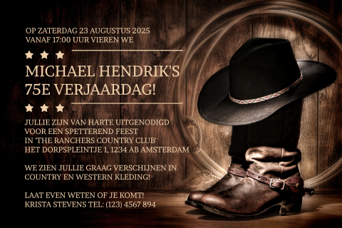 Uitnodiging 75e verjaardag in country en western stijl